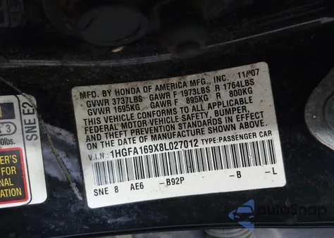 2008 Honda Civic Ex-L z USA, uszkodzony, nr VIN 1HGFA169X8L027012